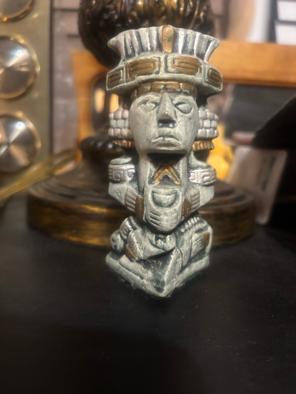 Vintage Mayan-Inspired Tribal Figurine in Aged White and Gold Accents